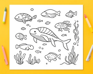 Black and white coloring page featuring various aquatic creatures
