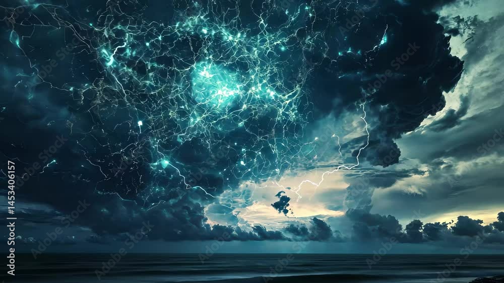 Aufkleber Visual of stormy sky with network of connections and glowing icons above the sea at twilight, network of connections with icons over storm