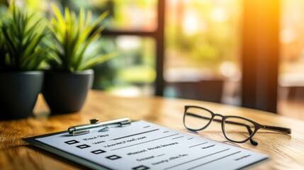 Obraz premium Checklist and eyeglasses on table in sunlight