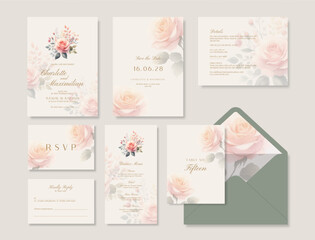 Minimalist wedding stationery template with a beautiful watercolor bouquet illustration