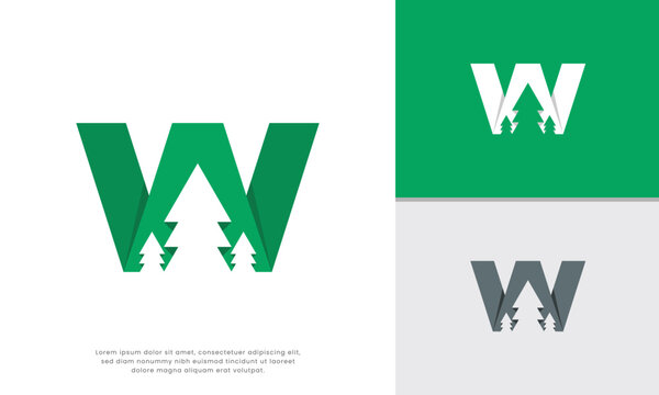 Letter W Pine Tree Logo. Unique letter W logo incorporating pine trees in the negative space. Suitable for nature-focused businesses or brands with the initial W seeking a distinctive and modern mark.