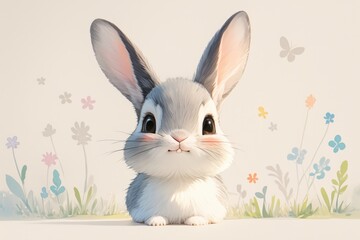 Obraz premium Cute bunny, with long ears, sits in a field of delicate flowers, a charming scene