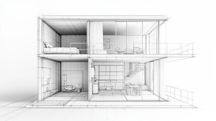 Modern architectural design sketch of a two-level house showcasing interior layout and spatial arrangement