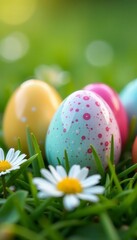 Fototapeta premium Close-up, speckled Easter eggs, blurred daisy field, design, floral