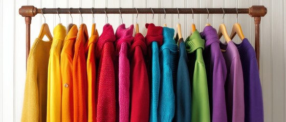 Colorful Sweaters on a Rack Displaying a Rainbow of Warm Clothing for Fall and Winter Fashion