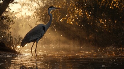 Graceful heron stands still by the water at dawn catching the morning light among lush vegetation
