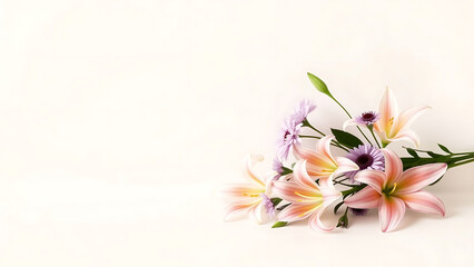 Minimalist Floral Arrangement with Cute Asters and Lilies Elegant Background Copy Space on One Side