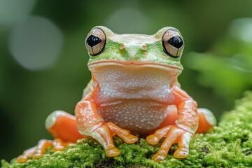 Close-up of a vibrant tree frog resting on moss.