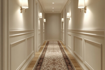 A long hallway with a rug on the floor, leading to a door at the far end, illuminated by soft light filtering through a decorative window above.