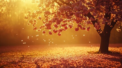 Warm sunlight filters through blooming cherry blossom tree creating a serene atmosphere in a park during springtime