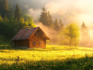 A cabin in the forest in the sun