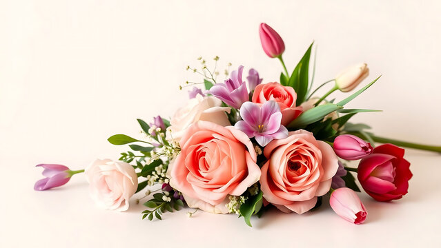 Minimalist Floral Arrangement with Elegant Nerines Roses and Tulips on One Side Against Soft Background with Copy Space