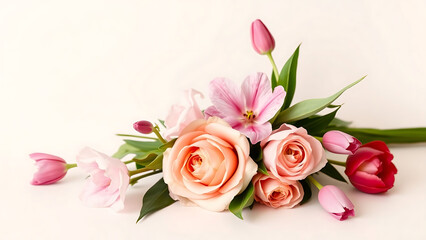 Minimalist Floral Arrangement with Soft Zephyranthes Roses and Tulips Elegant Background and Copy Space Placed on One Side