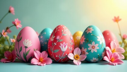 Fototapeta premium Elegant floral silhouettes adorn intricately designed Easter eggs , pattern, eggshell, spring