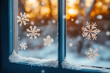 A snow-covered window with intricate frost patterns, contrasting against the dark night sky outside.