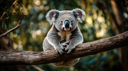 Obraz premium Koala Bear Sitting on a Branch in a Forest