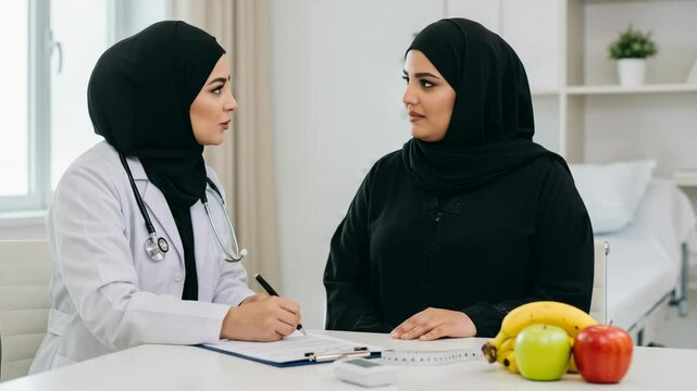 Muslim doctor consulting overweight woman patient in hijab about health and nutrition in a modern clinic, ideal for healthcare, nutrition, obesity, wellness, and women's medical care concepts.