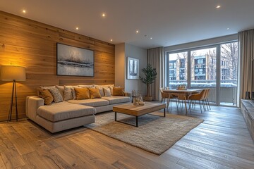 Modern, spacious living area with warm, natural tones.