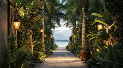 Fototapeta premium Serene Tropical Pathway to the Ocean at Dusk