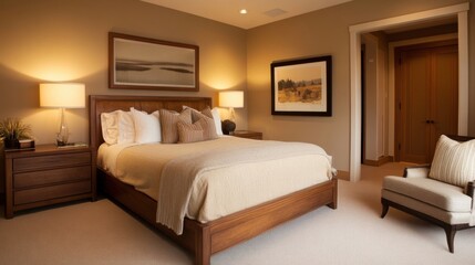 Fototapeta premium Bedroom design with wood bed, beige accents, and minimalist furnishings