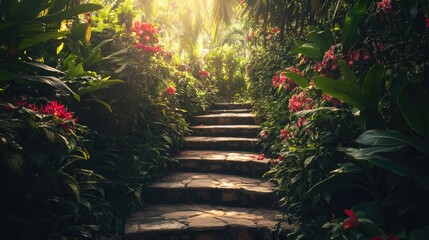 Sunlit Stone Steps in a Lush Tropical Garden
