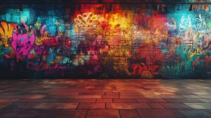 Graffiti-covered brick wall, vibrant colors, urban scene