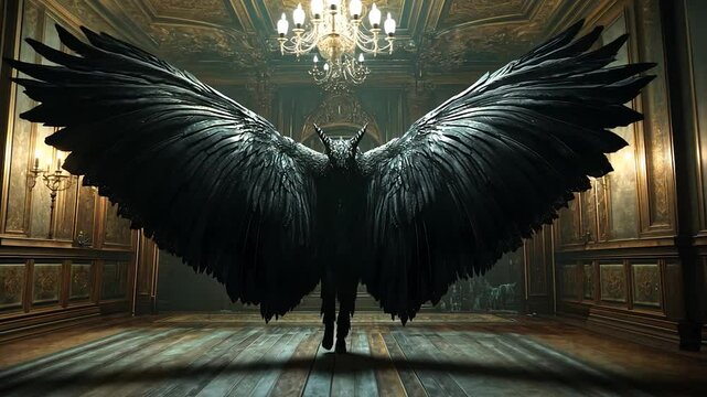 Dark creature with large wings in ornate mansion interior.  Possible use Fantasy, horror, or gothic art print