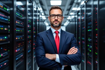 Business professional in formal suit and red tie standing confidently in a data center, surrounded by server racks with LED lights, concept of leadership. Ai generative