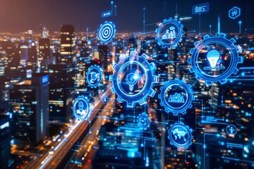 Futuristic glowing technology icons and gears over a vibrant cityscape at night symbolizing creative business innovation and strategic development. Ai generative
