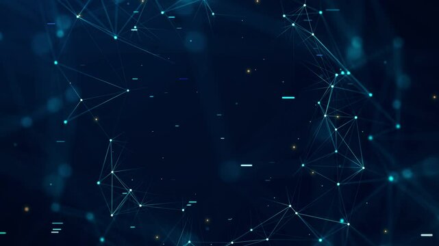 Abstract digital technology background concept showing connected glowing network nodes lines on dark blue backdrop. - Powered by Adobe