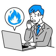 SNSが炎上して困惑しているスーツの男性（ノートパソコン）