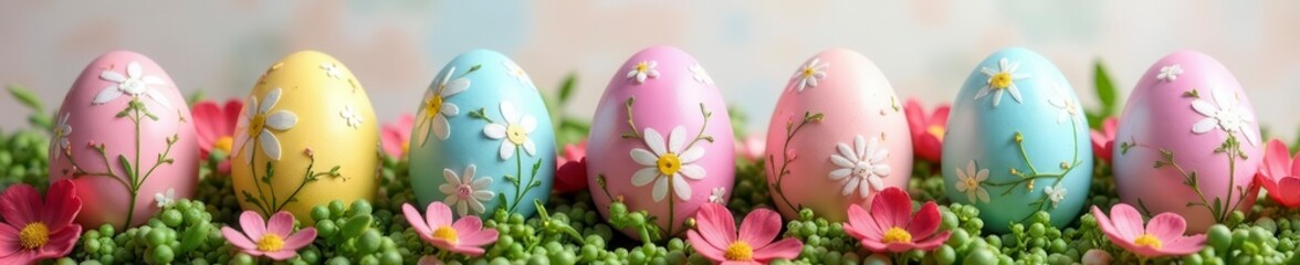 Pastel colored eggs, intricate floral details, painted, cute