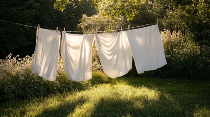 White linens drying in the sun on a clothesline in a serene garden at midday