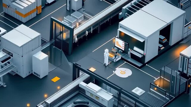 Data processing and automation in a modern manufacturing facility with advanced machinery and logistics systems, diagrams and data processing over machines working in warehouse
