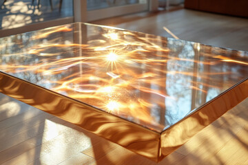Glass table reflecting a colorful bouquet of flowers.