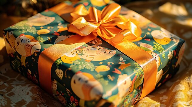 Whimsical animal print gift wrap with orange ribbon