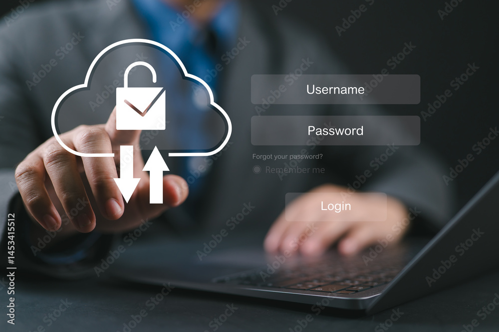 Poster Business continuity, digital cybersecurity. Cloud based file storage and secure data backup solution with encrypted privacy protection, real time synchronization, mobile access for file management.
