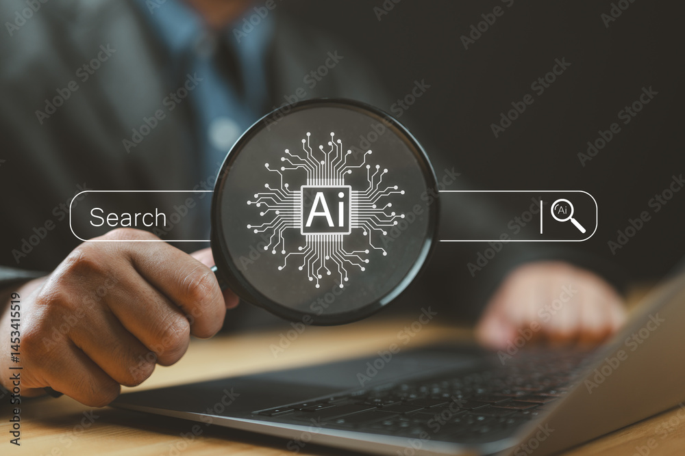 Fototapete Ai tech search concept, businessman use magnifying glass focus to AI search engine bar for data search optimization by artificial intelligence technology.