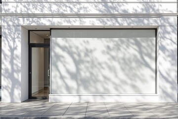 Empty shop facade with large frosted window and glass door under daylight, clean minimalist look with tree shadows on white wall, creative business concept. Ai generative