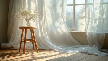 Sunlit Room with Wooden Stool, and Flowers.