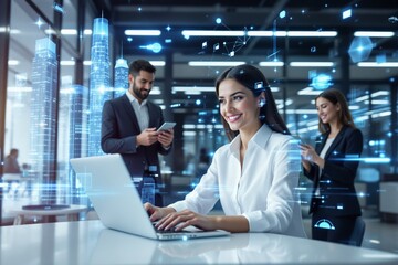 Team of business professionals in a high-tech office using laptops and tablets, surrounded by digital graphics and cityscape holograms, futuristic concept. Ai generative