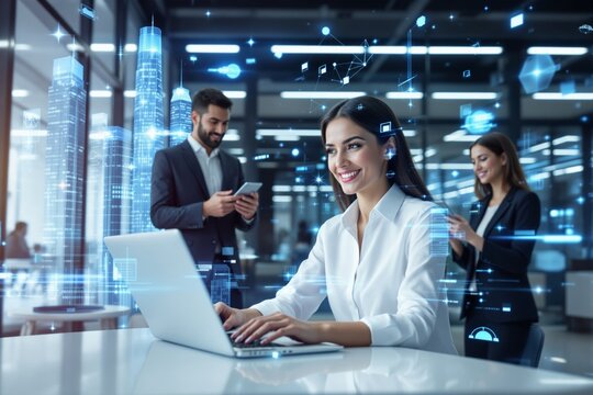 Team of business professionals in a high-tech office using laptops and tablets, surrounded by digital graphics and cityscape holograms, futuristic concept. Ai generative - Powered by Adobe