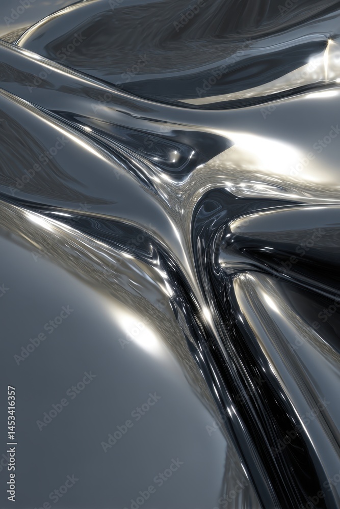 Poster chrome liquid abstract background with smooth reflections and fluid dynamic forms in silver tones