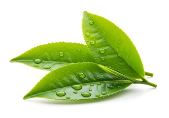 A close up of three green tea leaves with water droplets on a white background in sharp focus view