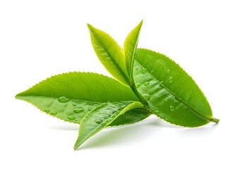 Obraz premium Close up of fresh tea leaves with water droplets isolated on a white background in bright light