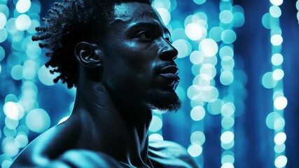 Blue light illuminates athletic strength during a weightlifting session at a contemporary fitness studio, blue light and data processing over african american man lifting barbell - Powered by Adobe