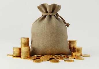 A full money bag with stacks of gold coins on a white background in a studio shot with soft lighting