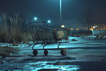 Shopping cart on snowy road, surrounded by winter trees, conveying a feeling of abandonment in a desolate setting.