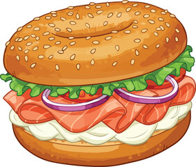This is an illustration of a bagel sandwich, featuring a sesame seed bagel with cream cheese, salmon, red onion, tomato, and lettuce.