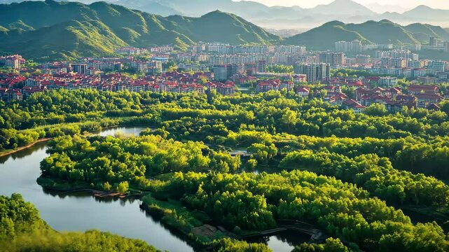 Expansive aerial view of city skyline framed by lush green forests and distant mountains at sunset, Aerial view of cities behind green forest with mountain background, Henan, China